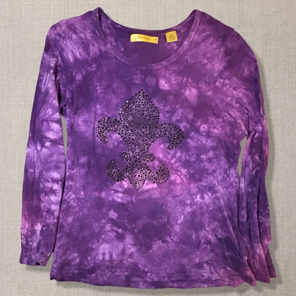 Weatherproof XL Purple Tie Dye Rhinestone Fleur de Lis Long Sleeve Top Y2K